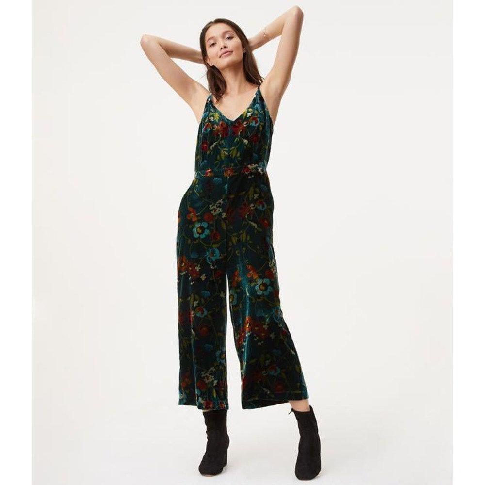 LOFT Womens Floral Velvet Wide Leg Jumpsuit Teal Green V-Neck Size 12